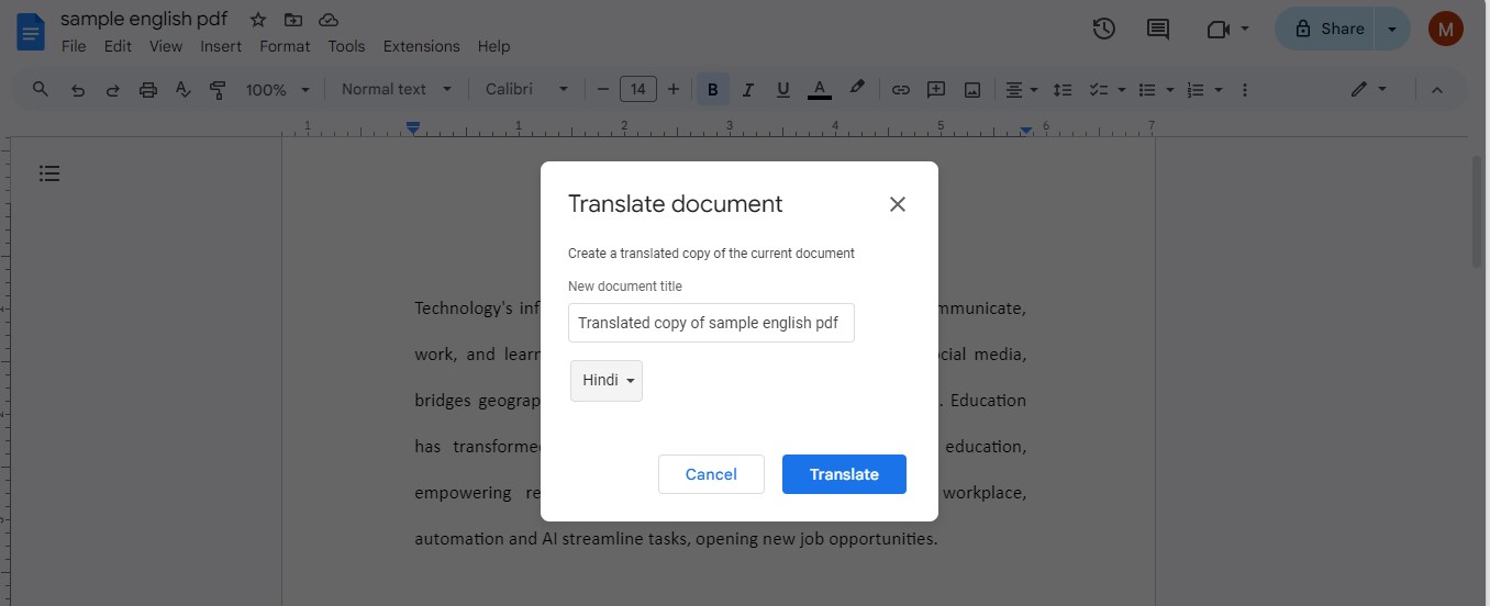 choose hindi google docs