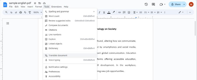 translate pdf google docs