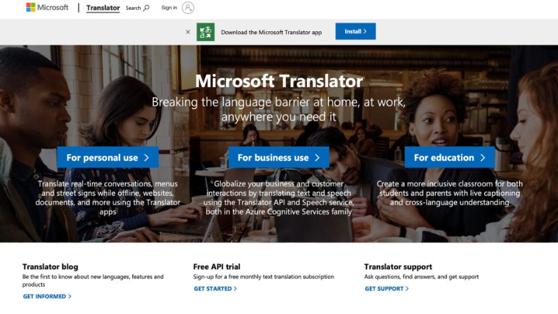 microsoft translate homepage