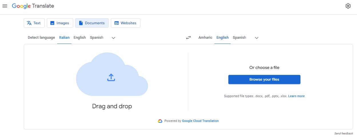 uploading italian pdf on google translate