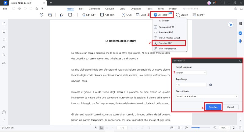 translate pdf tool option