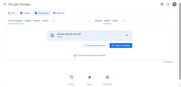 google translate spanish to english document translation