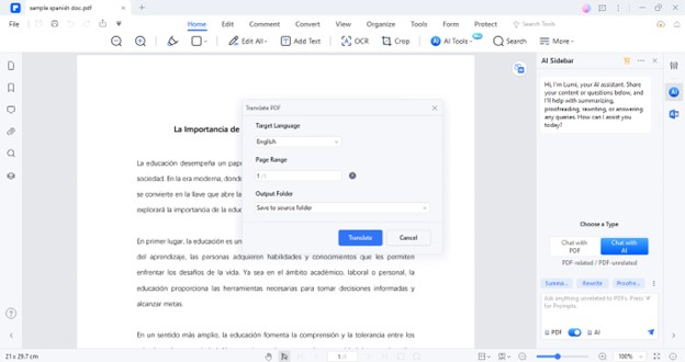 pdfelement translate spanish to english doc