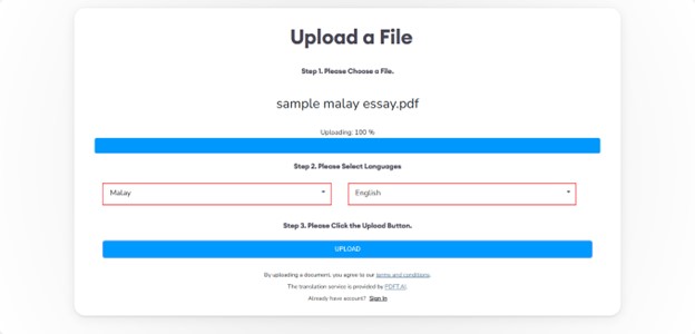 upload document and choose language