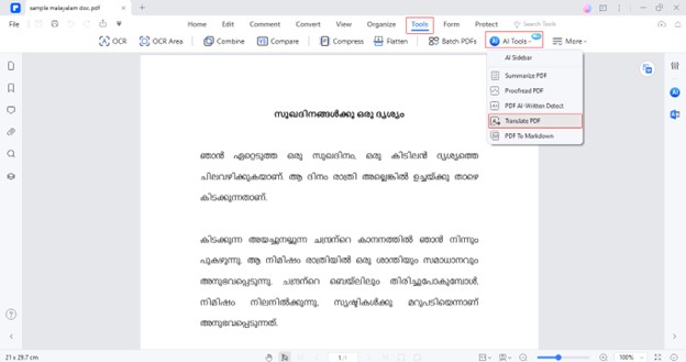 select translate pdf function