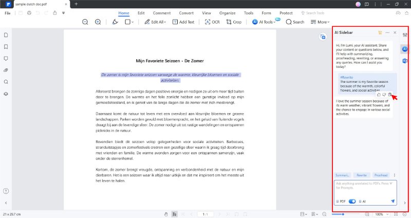 pdfelement ai sidebar and rewrite feature