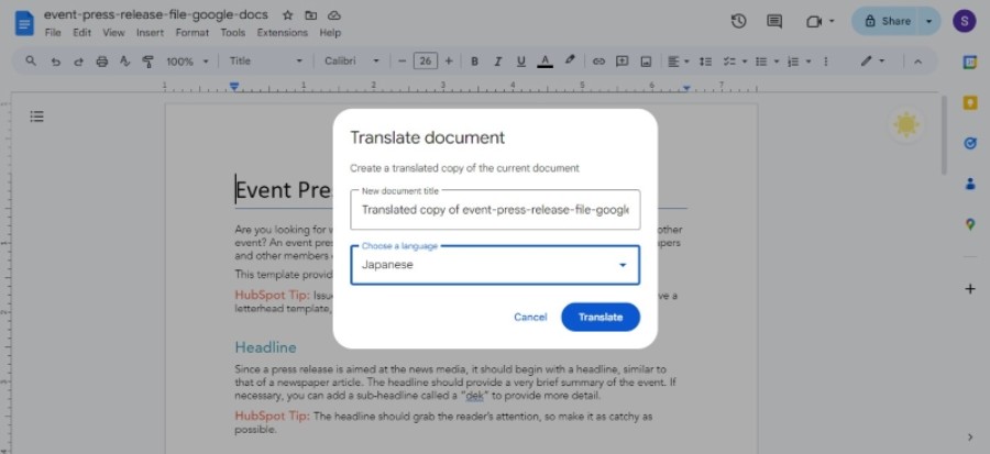 create translated google document copy