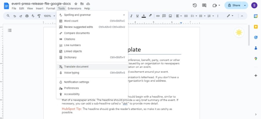 google docs translate document tool