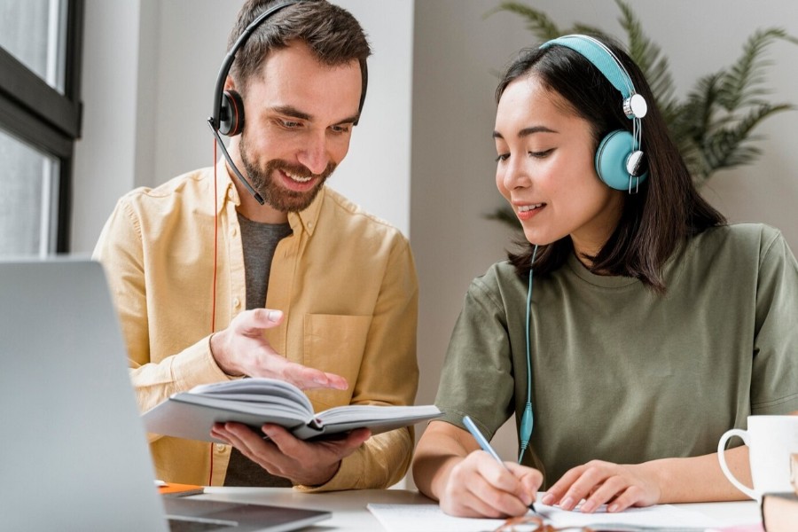 man and woman translating