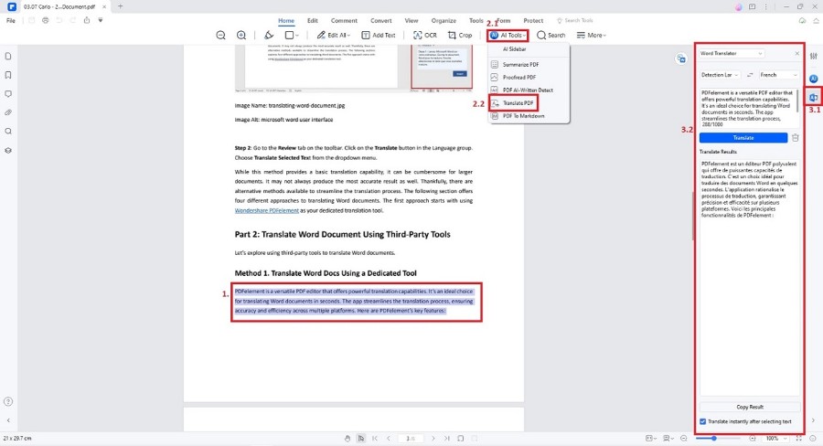 translation results of word document