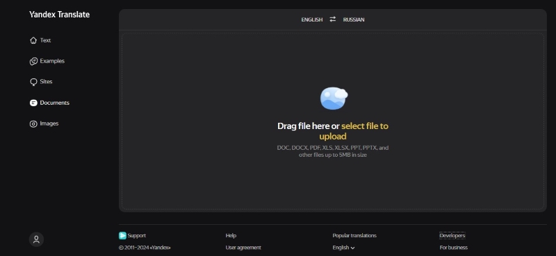Yandex document translator interface