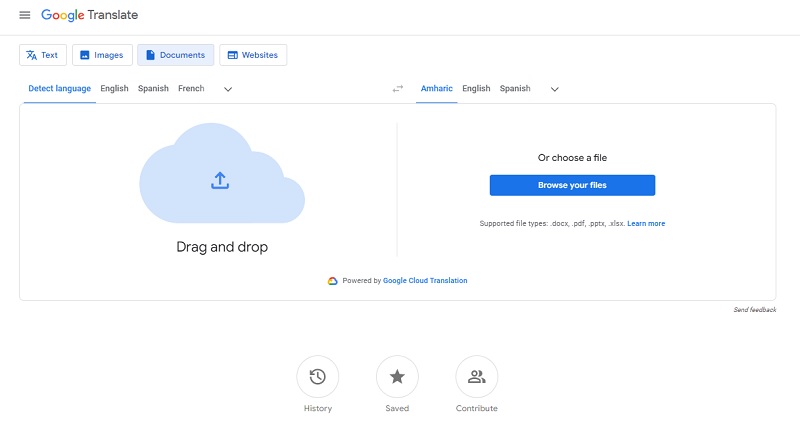 uploading pdf on google translate