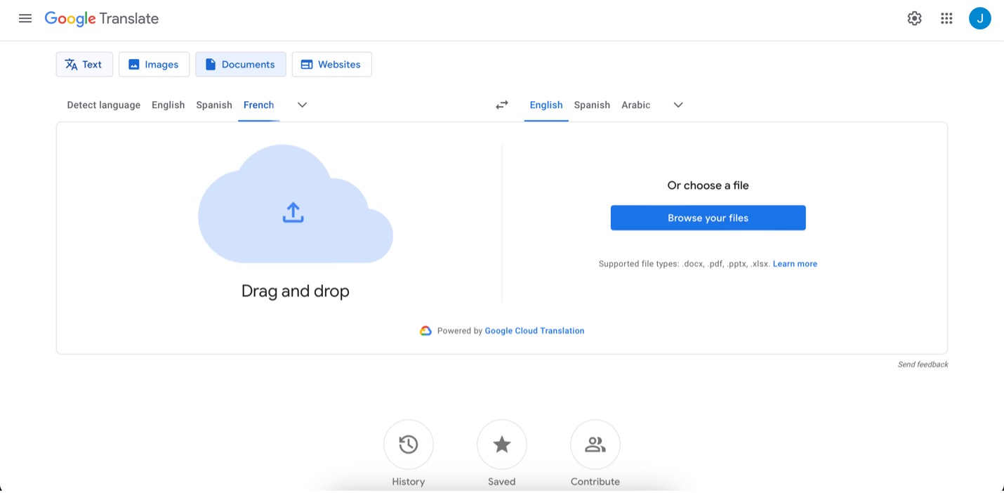 google translate document upload feature