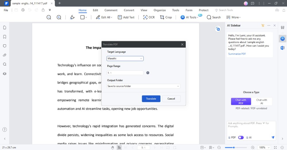 pdfelement translate pdf pop-up window