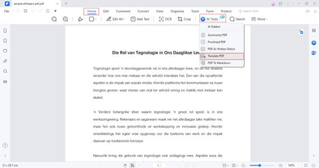 access the translate pdf function