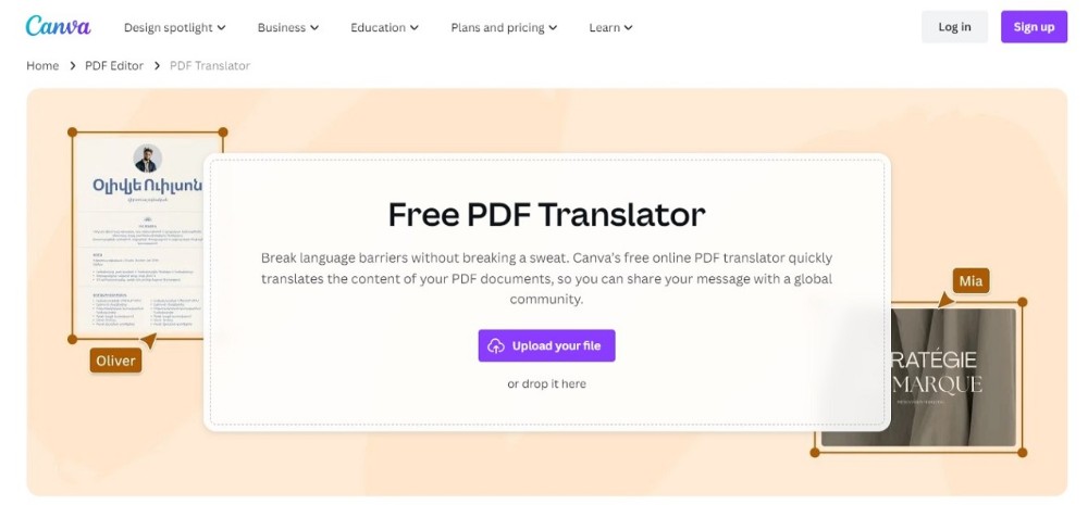 canva free pdf translator interface