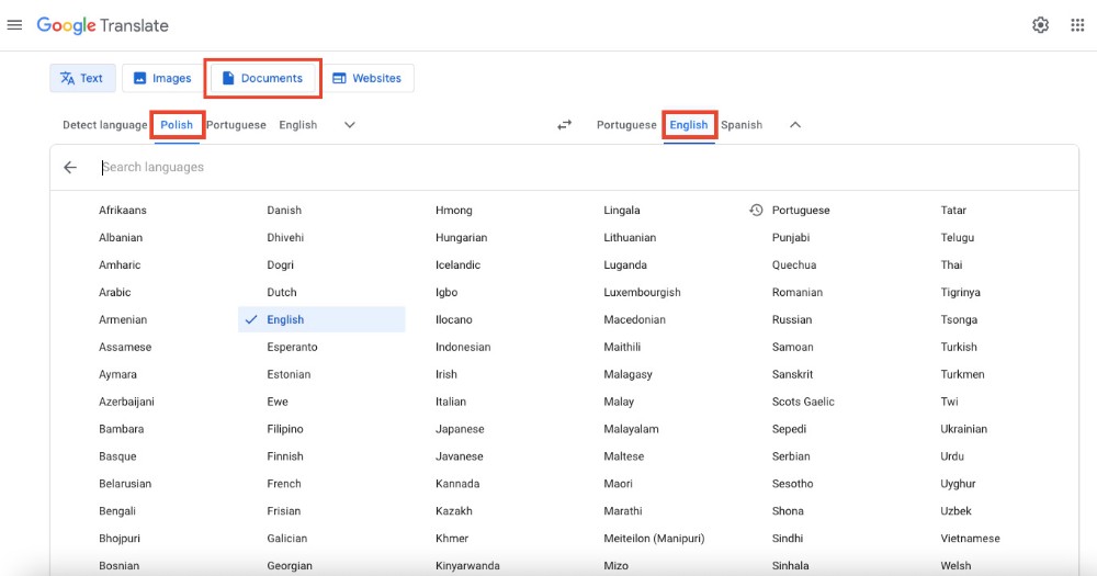 translate document using google translate