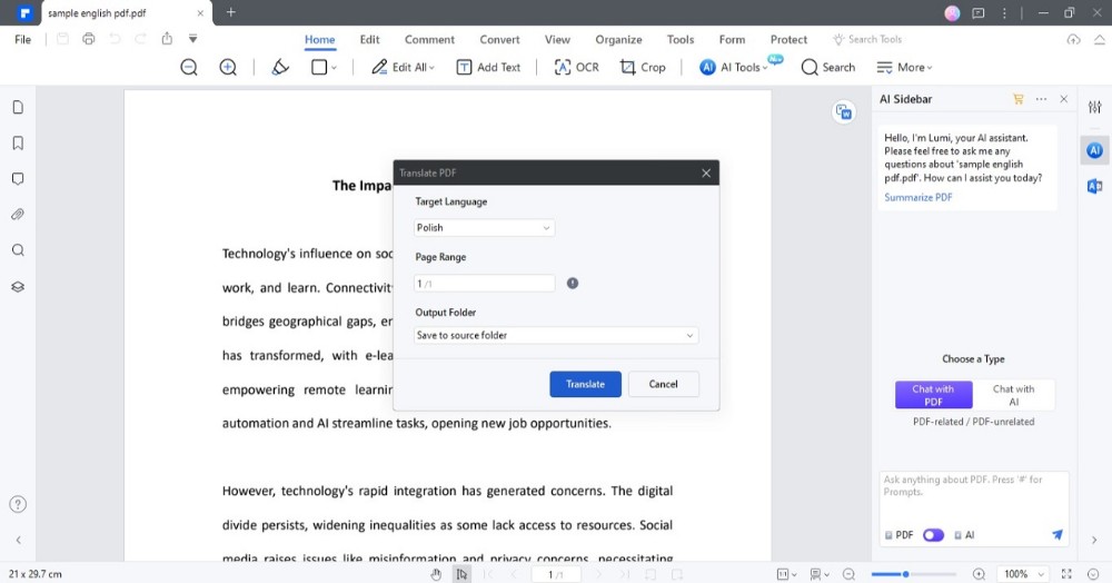 translate pdf pop up window