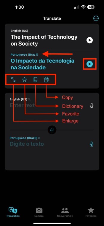 translate text to portuguese iphone