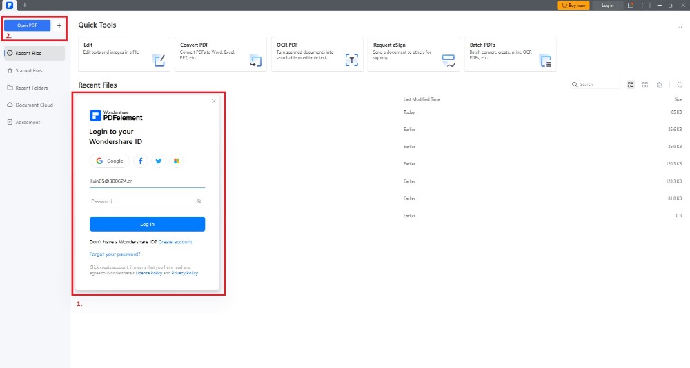 pdfelement login window