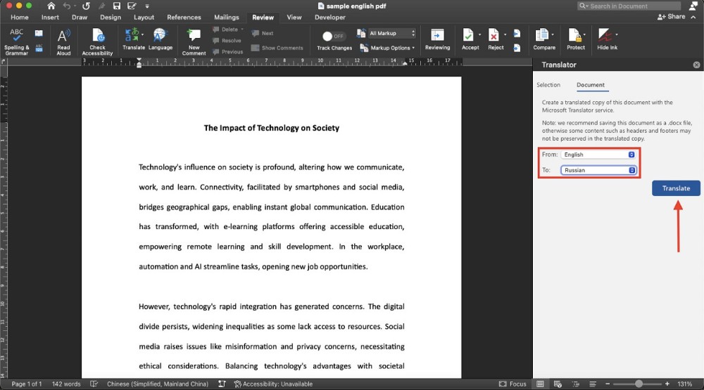 microsoft word translate english to russian