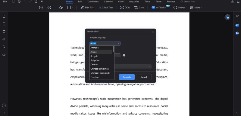 how to select target language in pdfelement