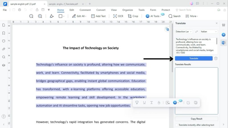 translate the english pdf to italian with ai