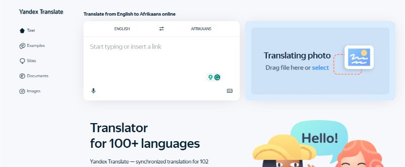 yandex translate afrikaans to english