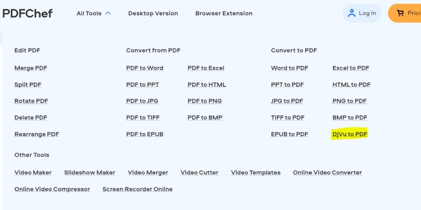 djvu to pdf option on pdfchef