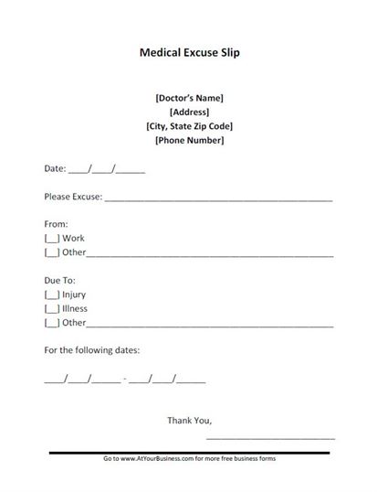 Free Doctor Note Form Tempalte