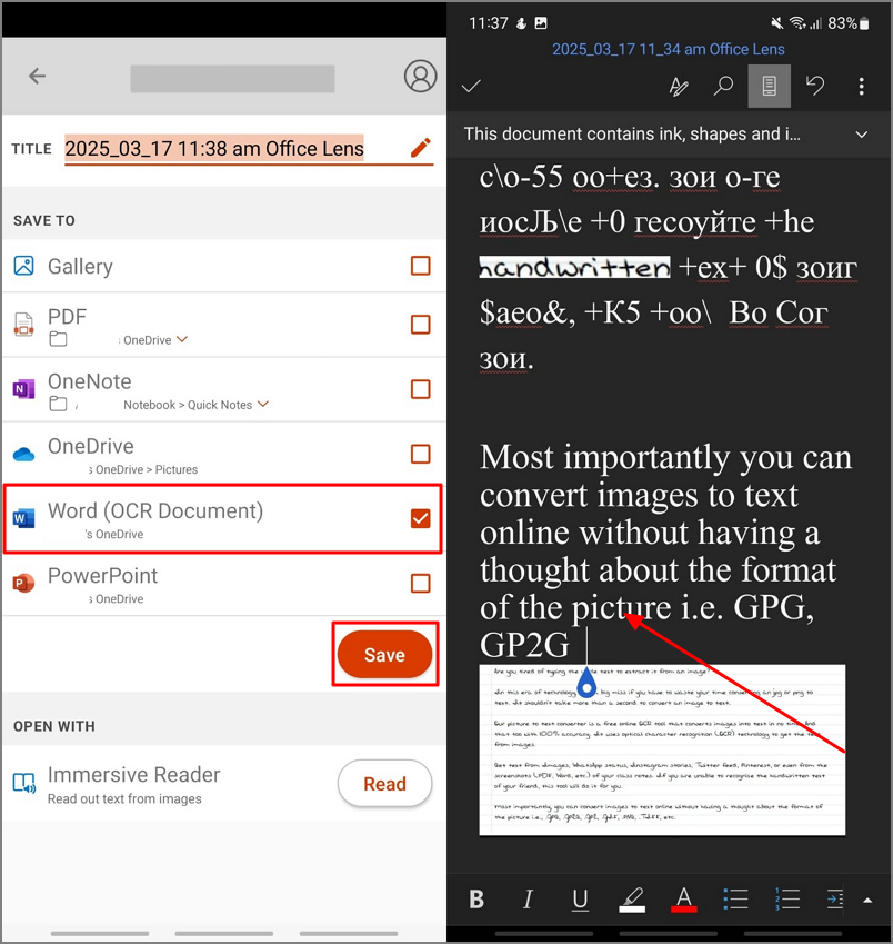 define ocr settings office lens
