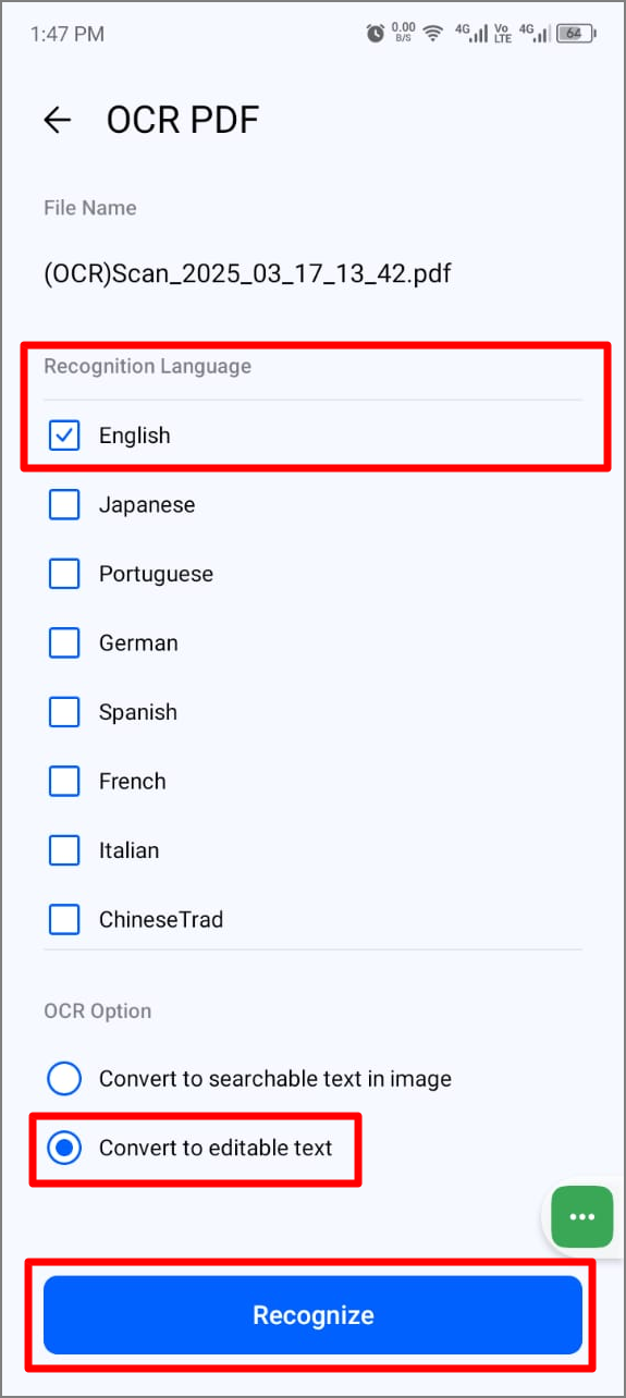 select ocr settings and proceed