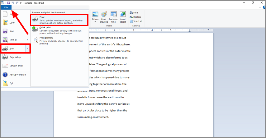 open wordpad and access print