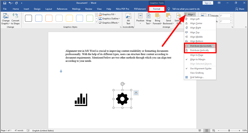 distribute objects in ms word