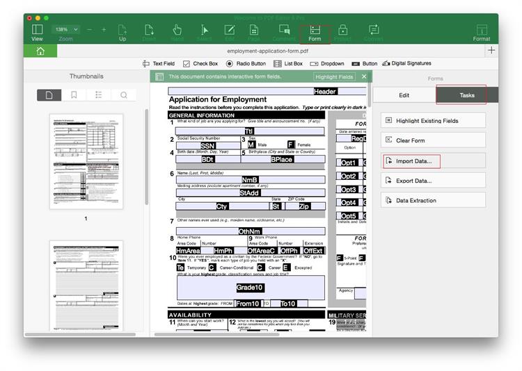 import data into pdf form