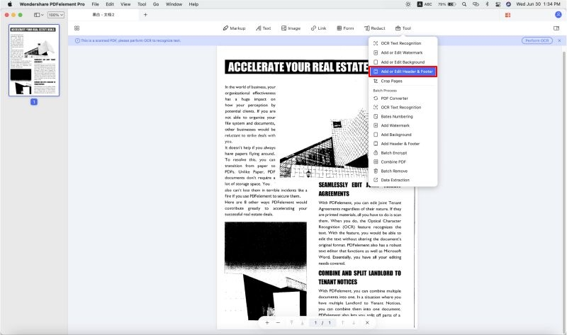 delete header for one page word mac